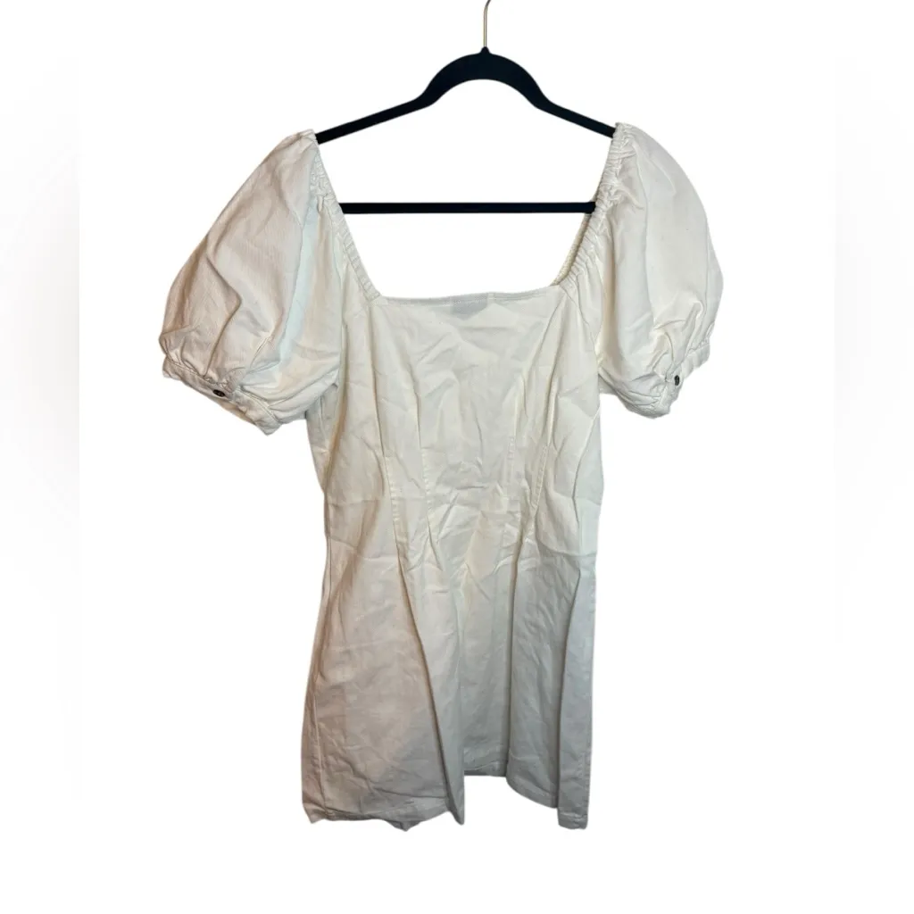 Who What Wear White Cotton Denim Button Front Puff Sleeve Dress - Image 2