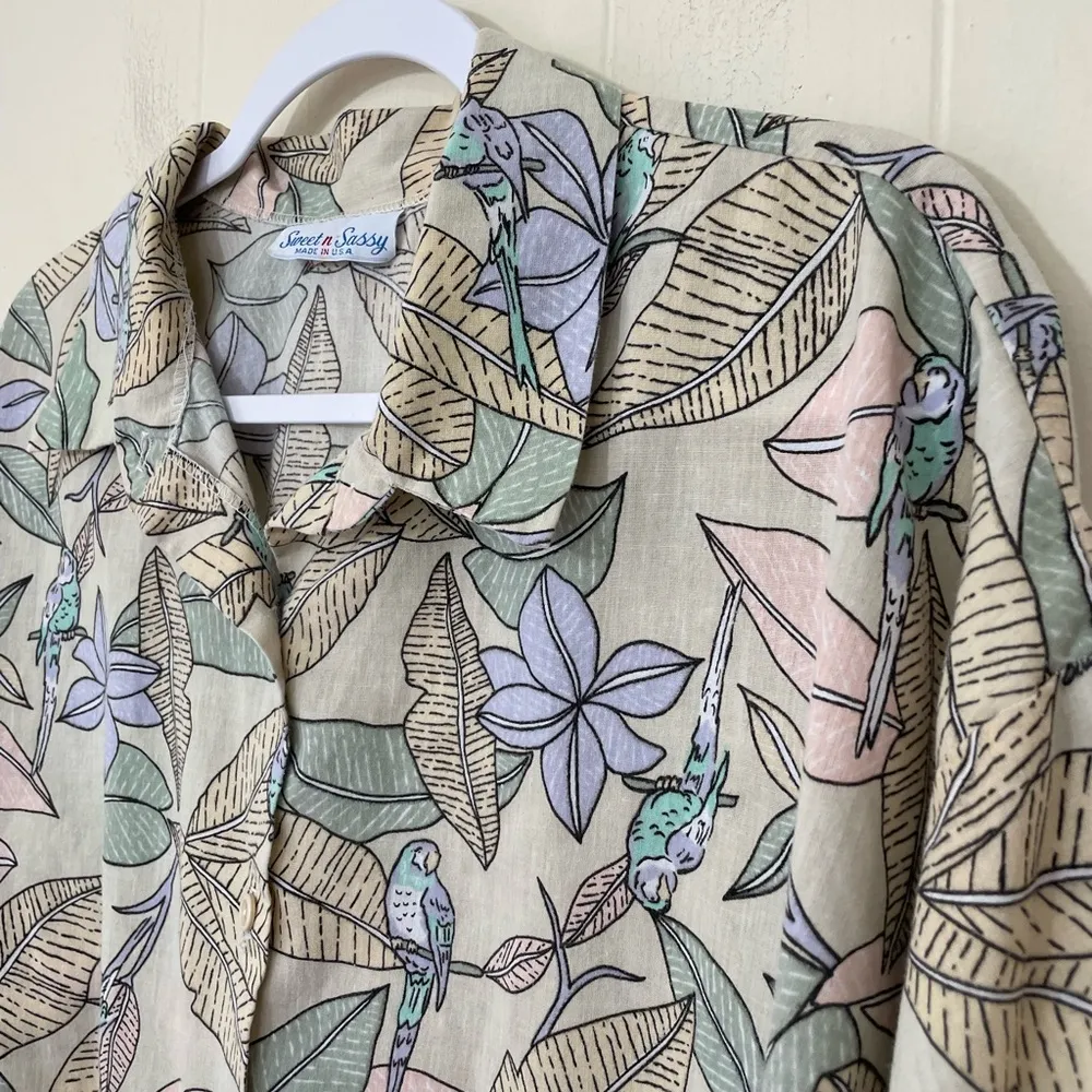 Vintage Tropical Floral Bird Print Button Up Shirt Collared ~ Women’s Size XXL - Image 5