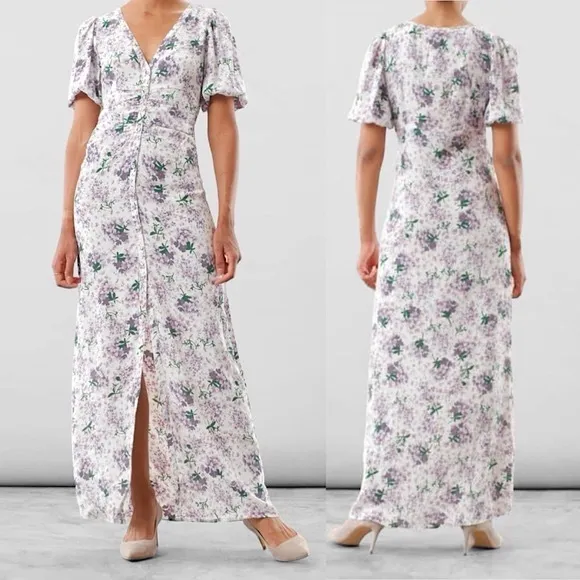 byTiMo Summer Button Front Ruched Puff Sleeve Maxi Dress Size XS Purple Floral - Image 2