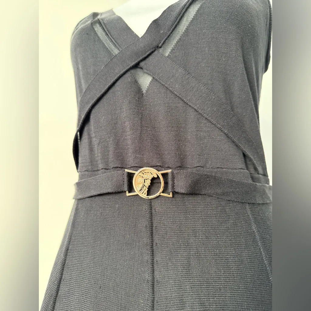 Versace Black Sleeveless V-Neck Midi Dress with Gold Medusa Belt & Sheer Hem - Image 3