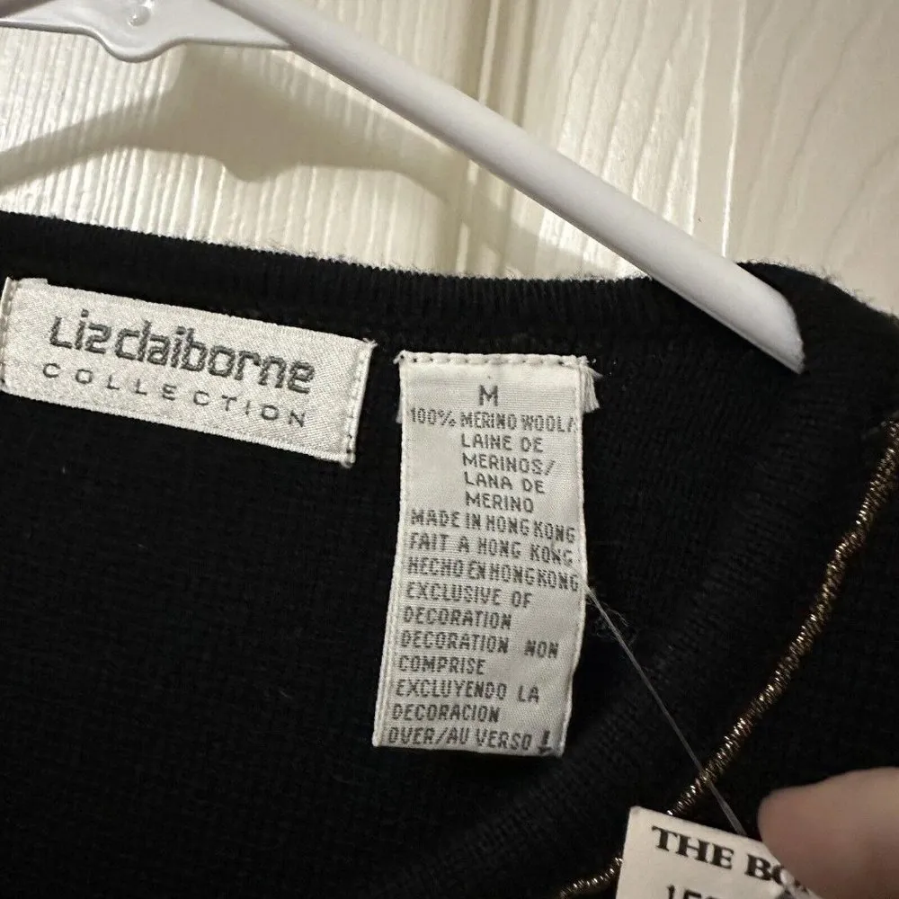 Vintage  Black 100% Merino Wool Cardigan Sweater Sz M Medium Beaded - Image 7