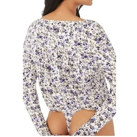 NWT Free People Kaya Floral Cutout Long Sleeve Bodysuit Cream & Purple Size XS - Image 4