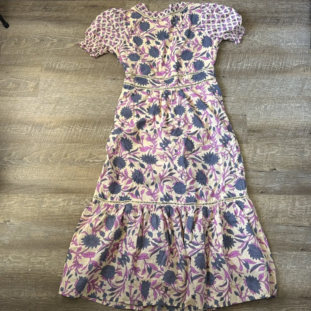 dRA Los Angeles Puff Sleeve Midi Dress With Crochet Trim In Ivory / Purple SZ S - Image 6