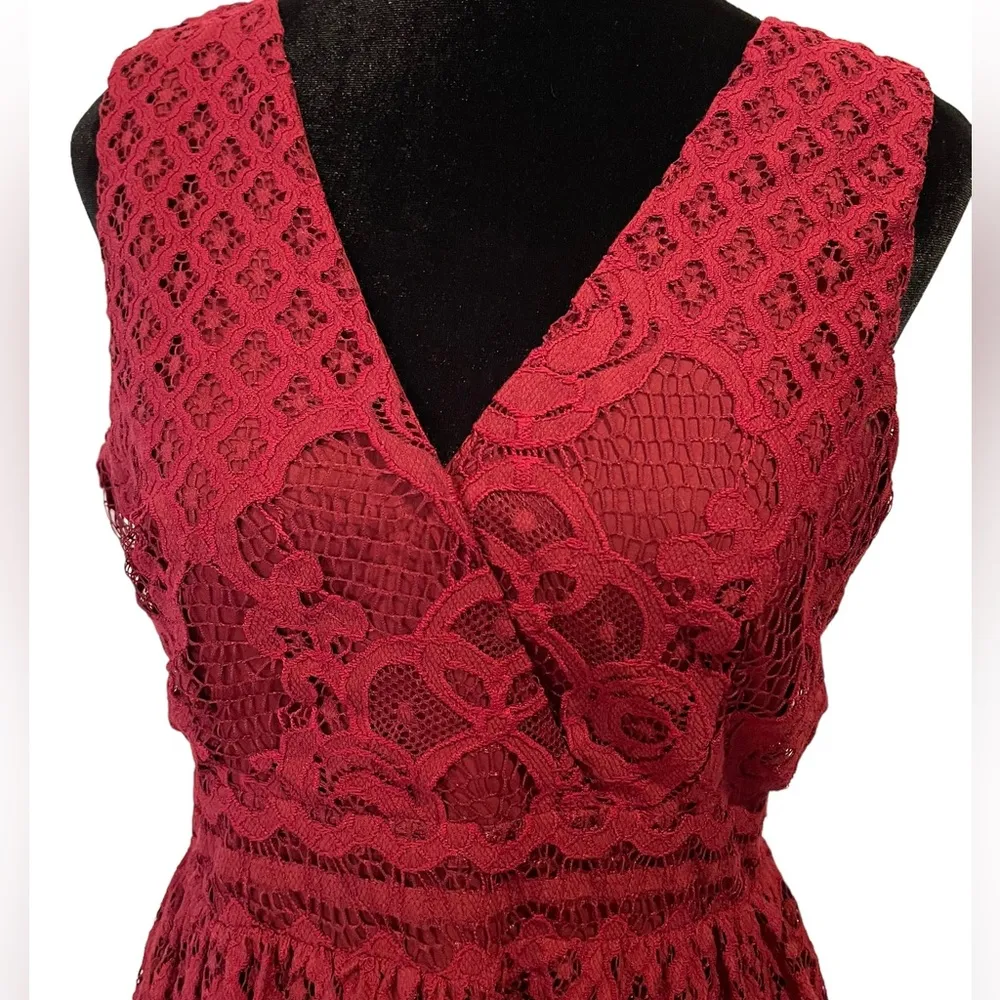 NEW Black Swan Lulus Brandi Wine Red Lace Surplice Skater Dress - Image 3
