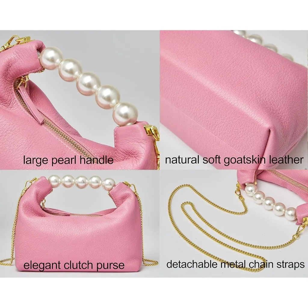 ⚡ Women's Top Handle Chain Pearl Strap Leather Crossbody Tote Pink Bag - Image 3