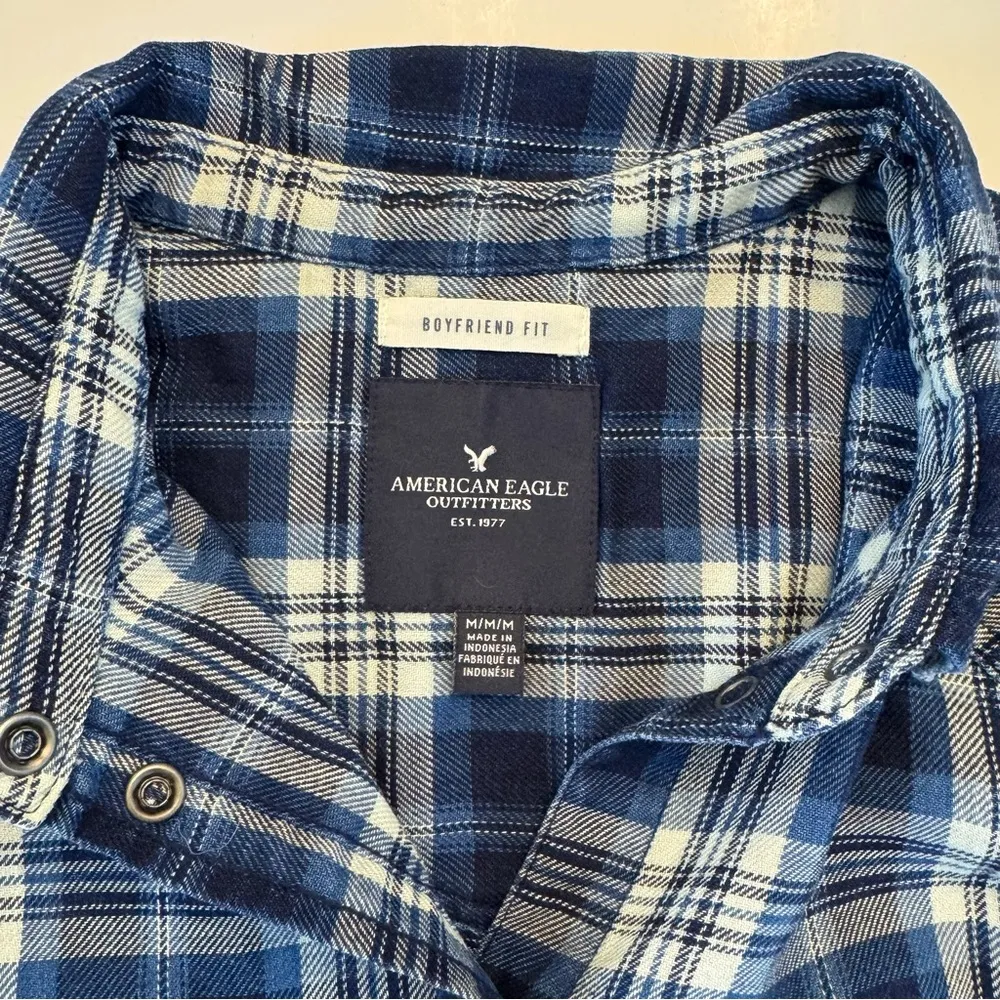 American Eagle AE Boyfriend Fit Flannel Pearl Snap Blue Plaid Medium Gorpcore - Image 8