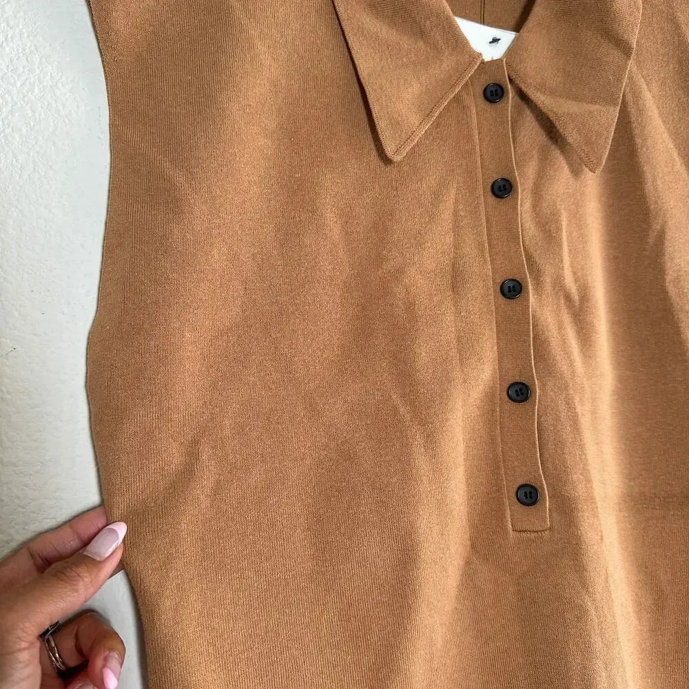 A.L.C. Taylor Knit Polo Collared Sleeveless Sweater Top Tan Size XL - Image 4