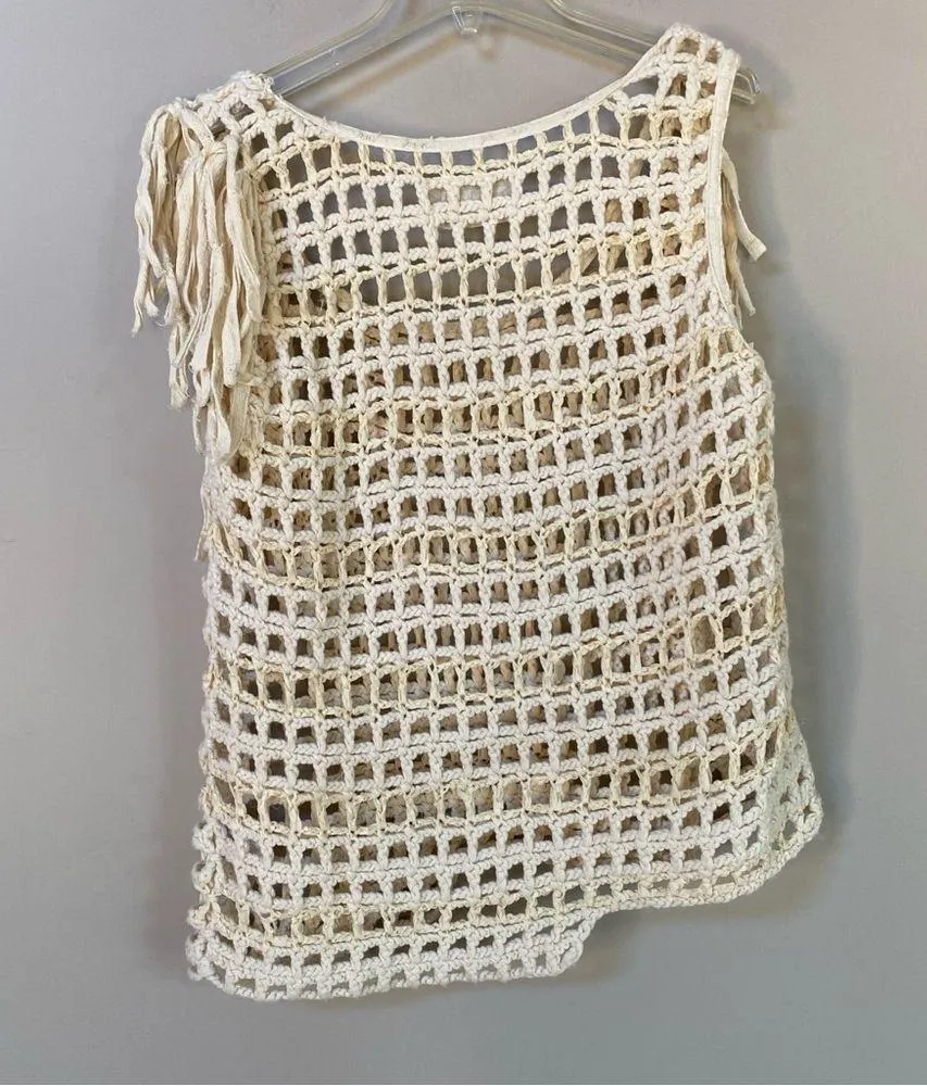 ALLSAINTS ivory crochet tassel vest sleeveless fringe top Sz 8 - Image 6