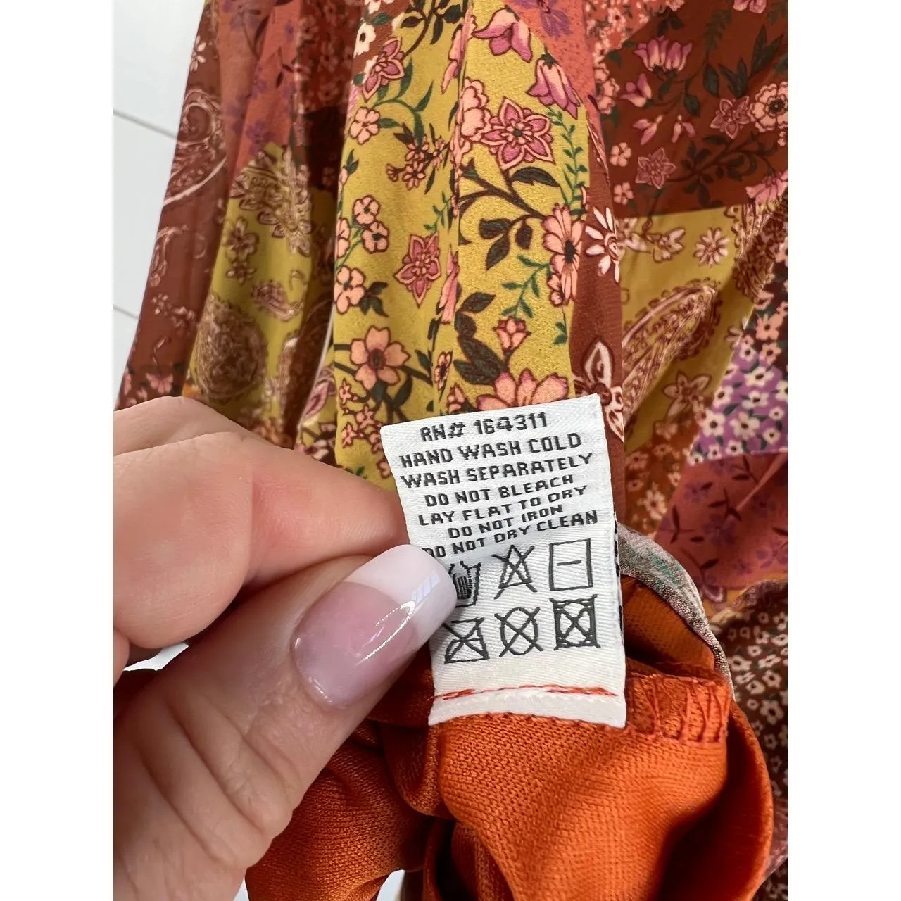 AURA Blouse Womens Size L Patchwork Tie Neck Long Sleeve Bohemian Relaxed Fit - Image 12