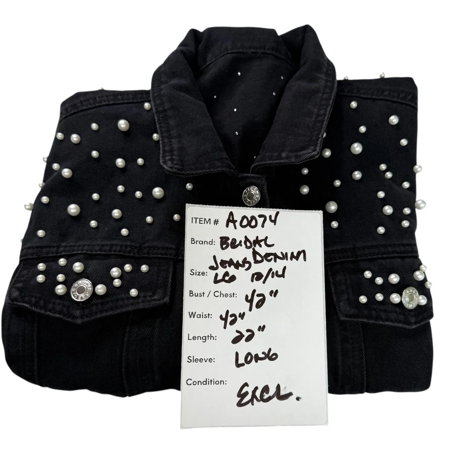 Denim Jacket Black Pearls Womens LG 12/14 Embellished Jeans Buttons Bridal Party - Image 5