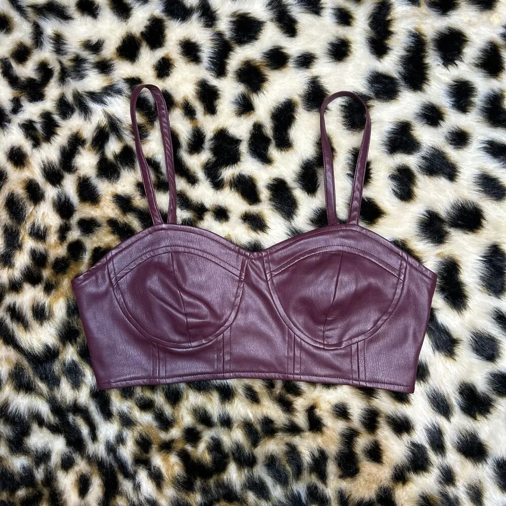 Future Collective Burgundy Faux Leather Bralette Top XXS - Image 2