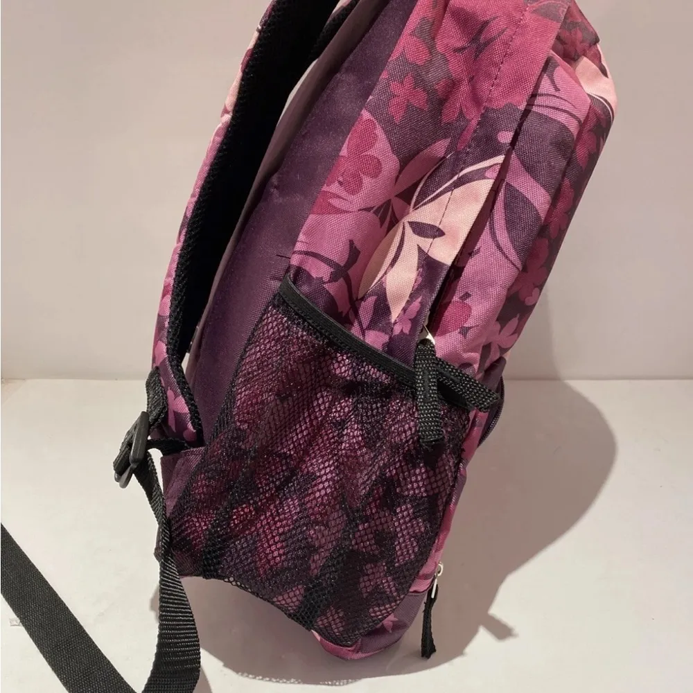 Navy, Pink Flowers Backpack with small pocket and two mesh pockets in side - Image 3