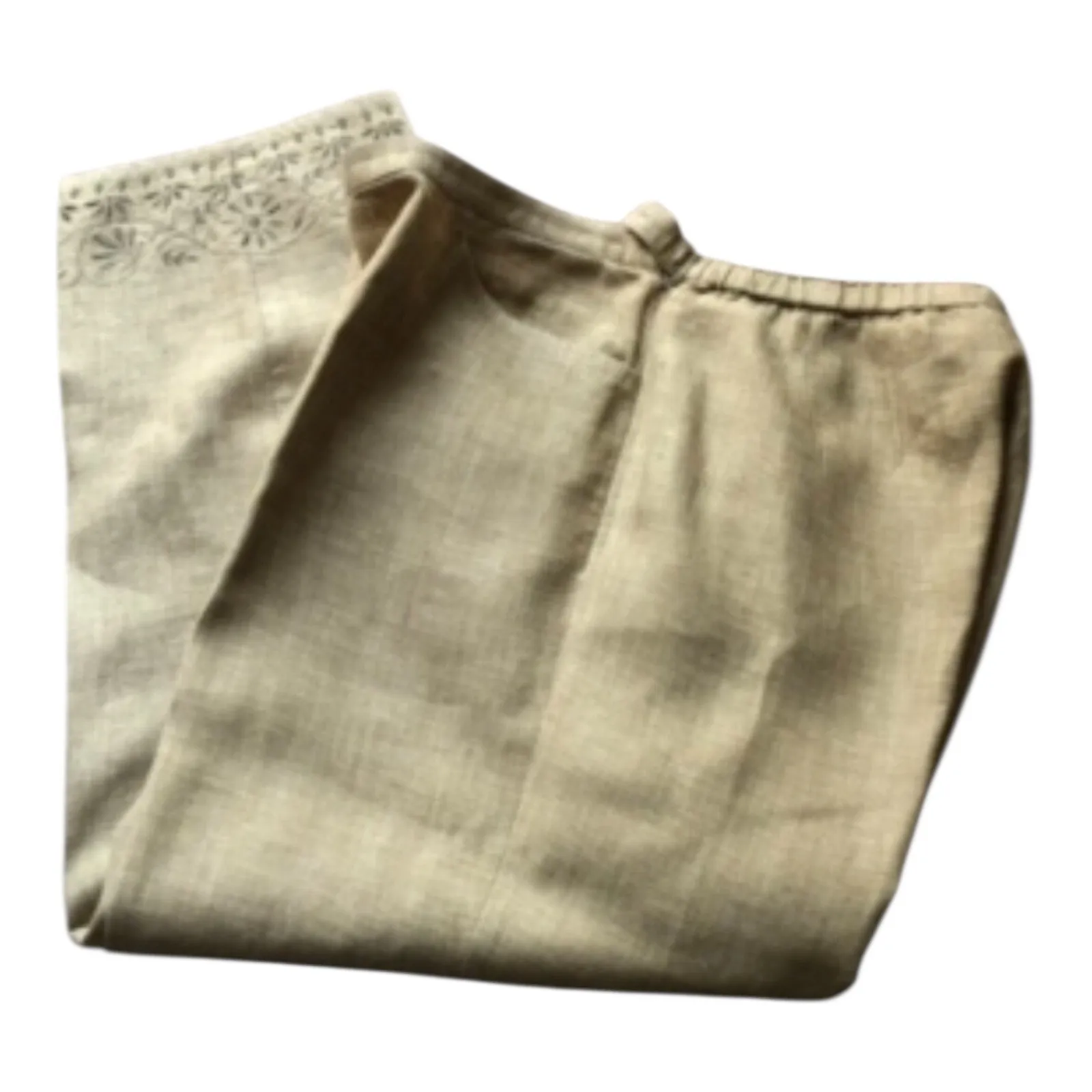 Vintage Sigrid Olsen Sport Linen Pants Beige Embroidered Hem 100% Linen Size 14 - Image 5