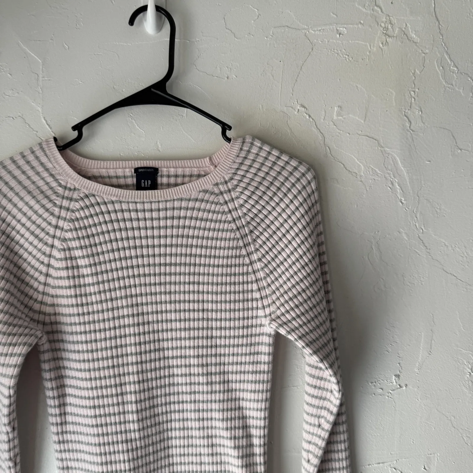 Gap‎ Sweater Y2k Large Pink Gray Striped Stretch Crewneck Long Sleeve Pullover - Image 2