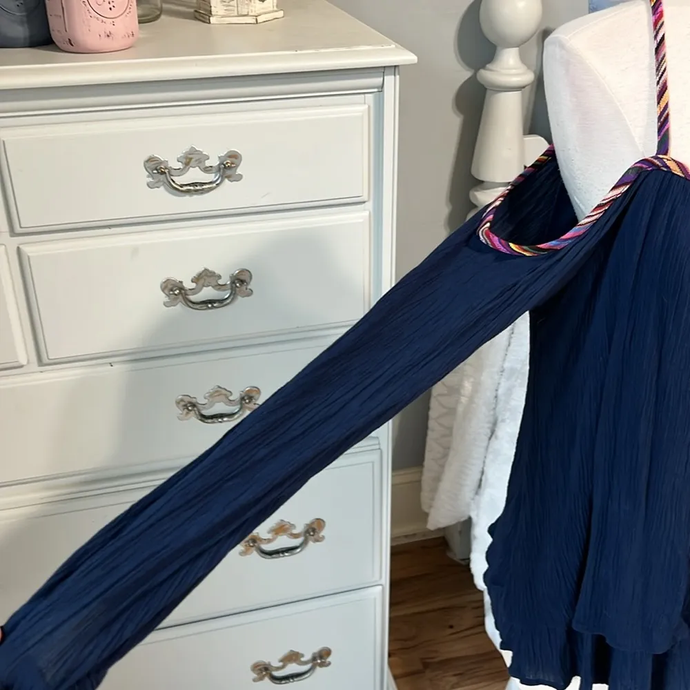 Feminine Navy Blue Gauzy Criss Cross Open Back Top - Image 3