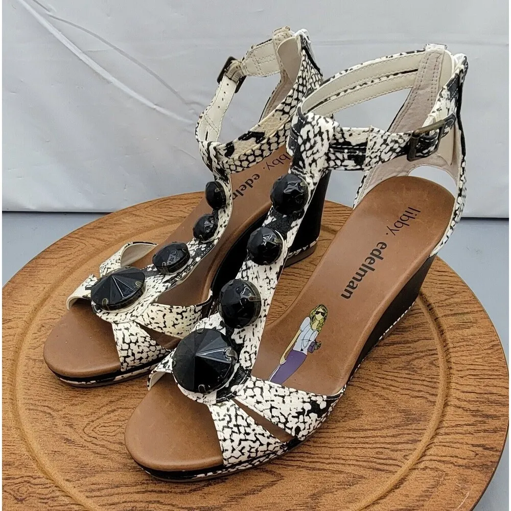 Libby Edelman Wedge Zipper Back Open Toe Strappy Shoes 8M White Snake Print EUC Size 8 - Image 7