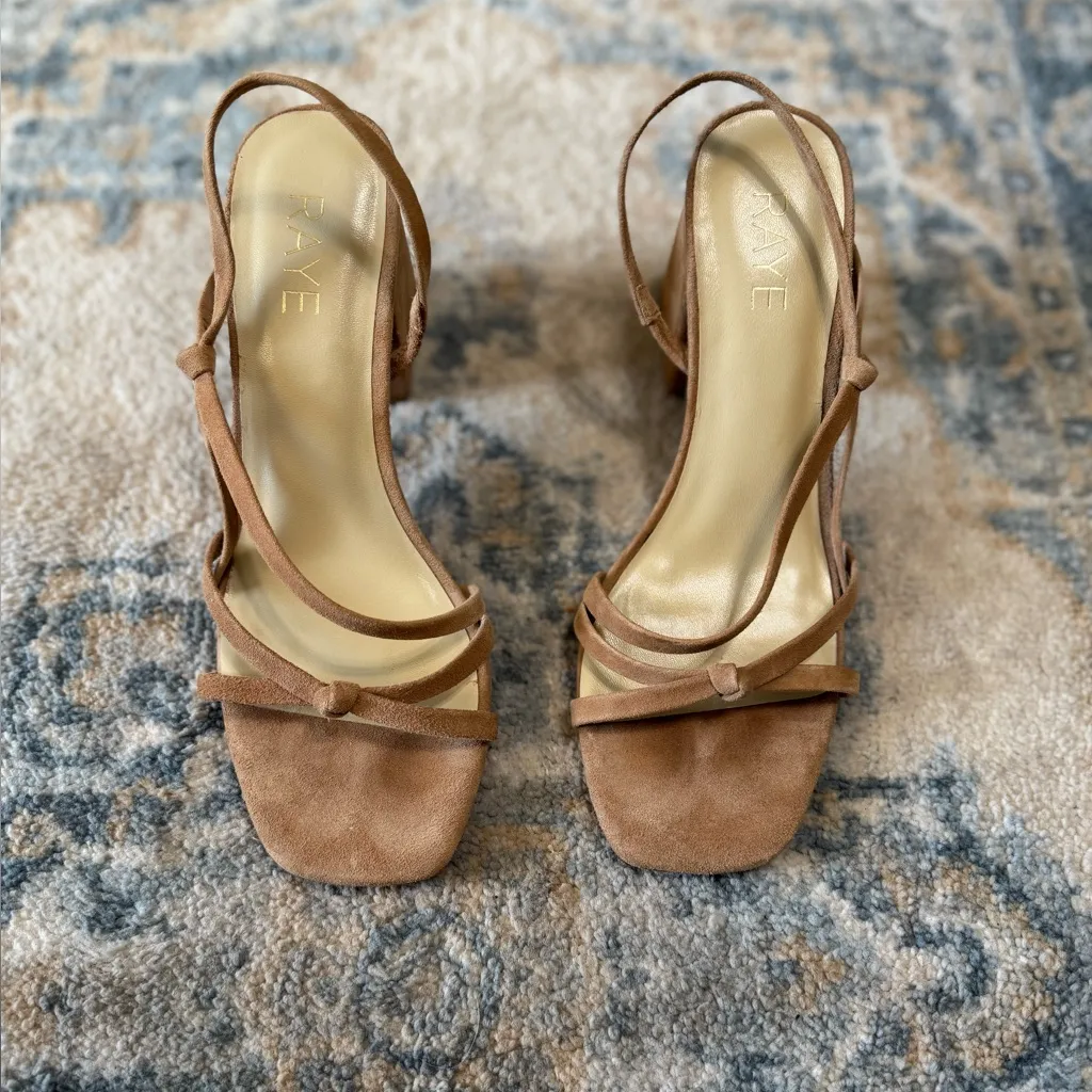 Revolve + Raye Suede Elegant Tan Block Heel Sandals Size 8 - Image 3