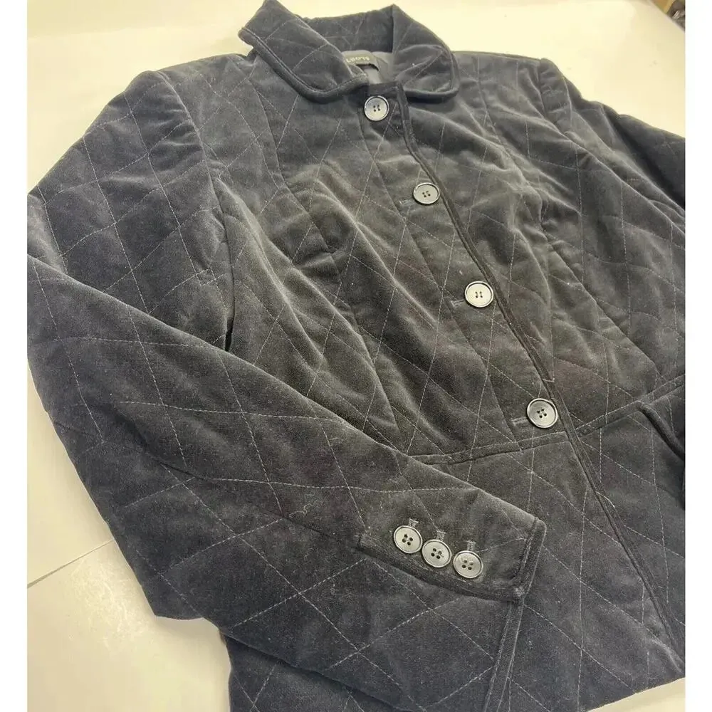 TALBOTS WOMEN'S BLACK VELOUR QUILTED BUTTON-DOWN JACKET SZ 8 Classic Preppy - Image 2