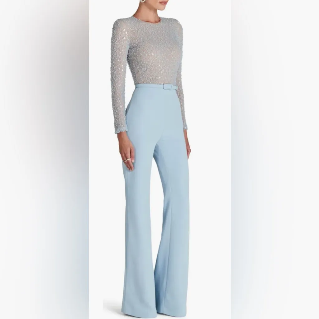 NWOT NADINE MERABI Misha Beaded Sequins Long Sleeve Wide Leg Jumpsuit sz XL 12 Blue - Image 3