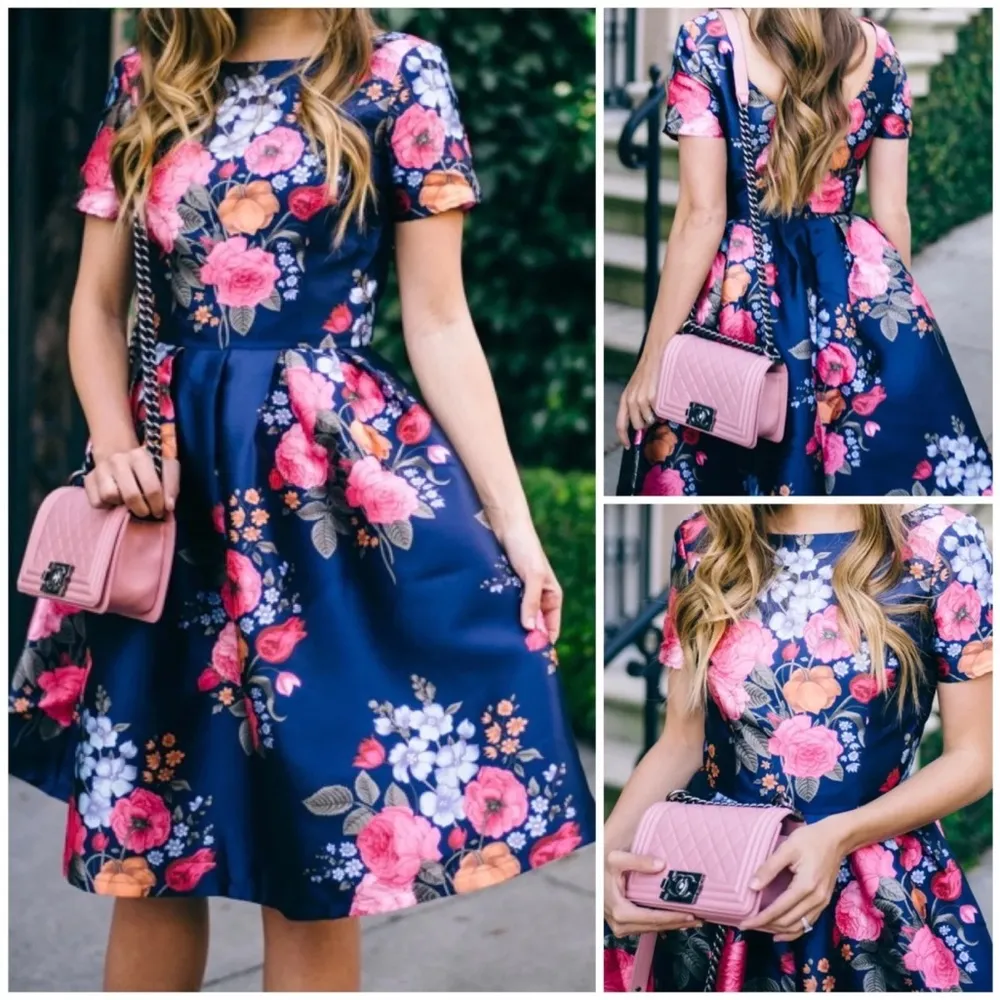 Chi Chi London US 2 UK 6Navy Blue Floral Print Pleated Full Skirt Formal Dress - Image 3