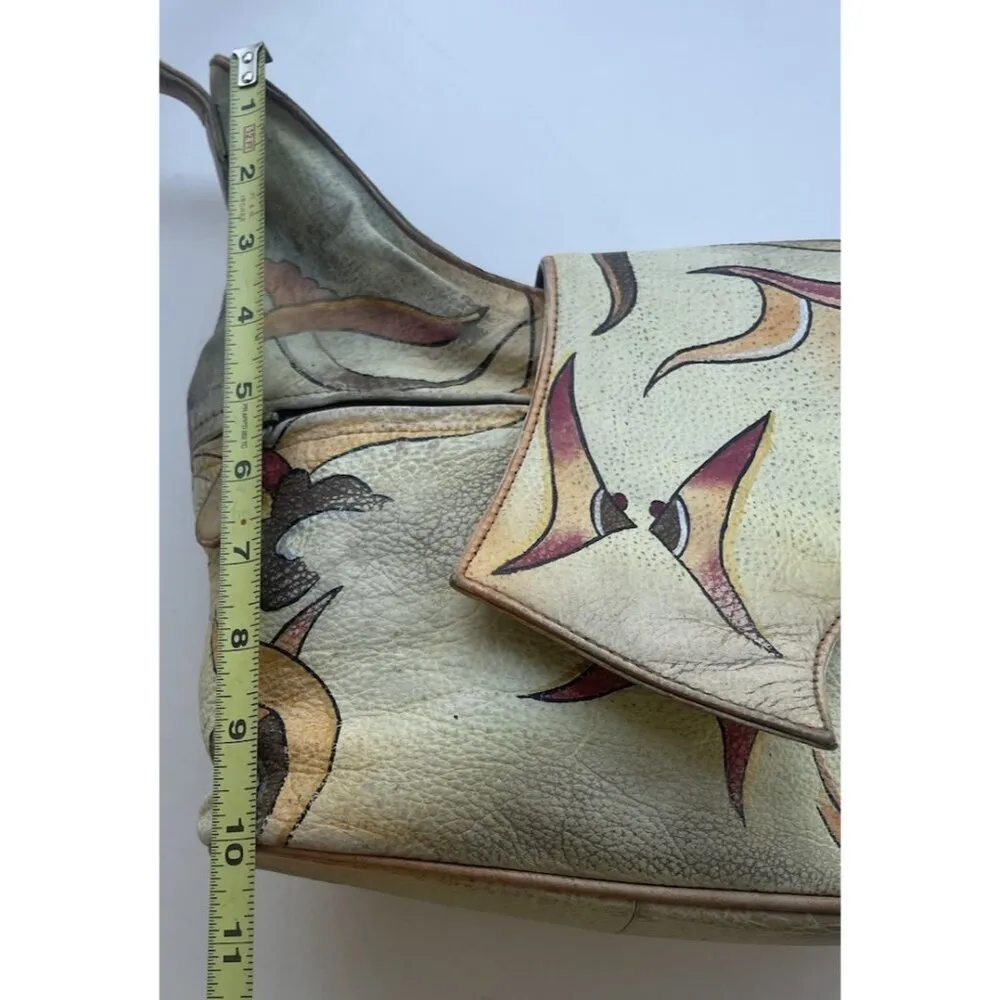 Vintage Magnifique Painted Peacock Art Leather Butterfly Floral Shoulder Bag White - Image 4