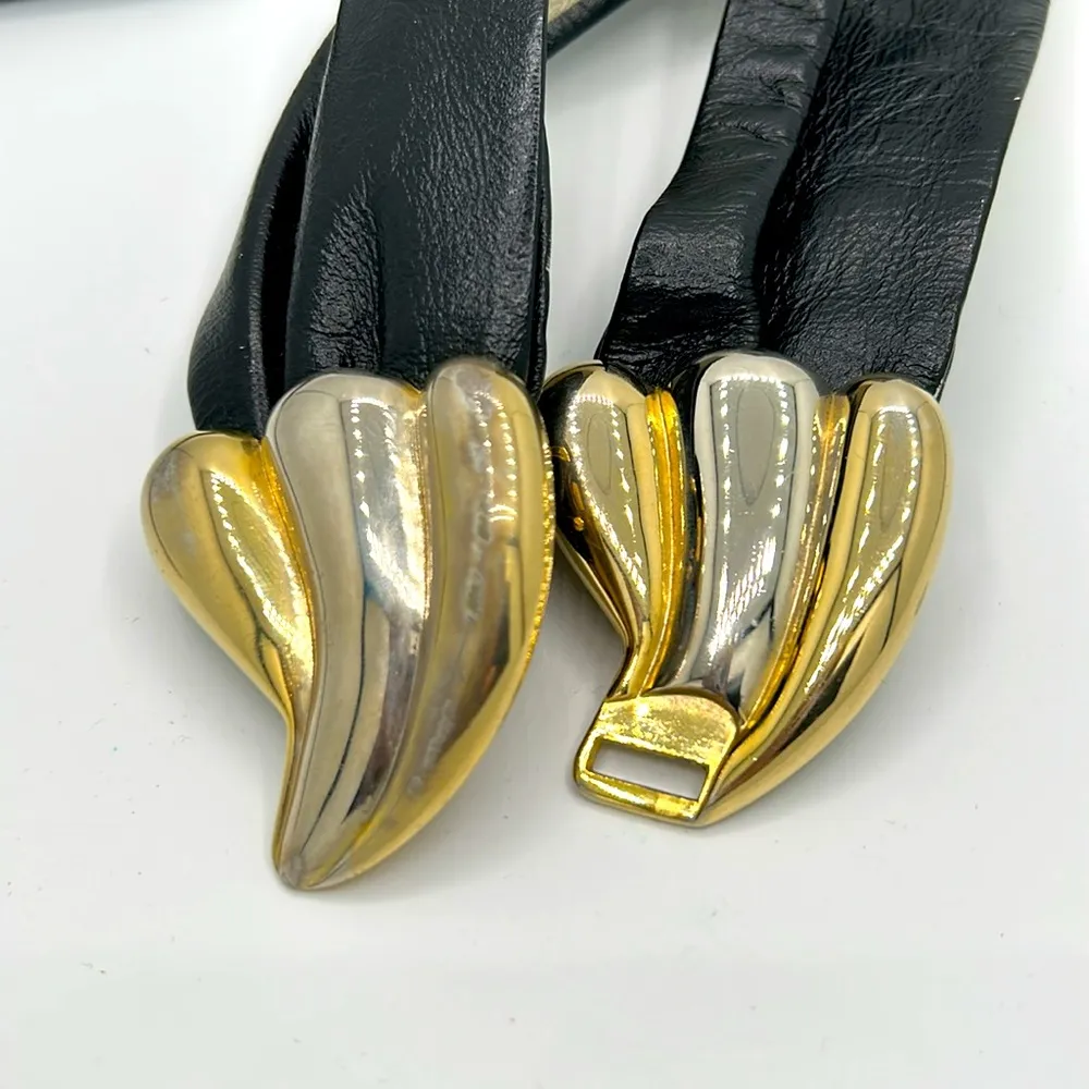 Vintage Black Leather Belt with Gold and Silver Scallop Buckle - Image 5