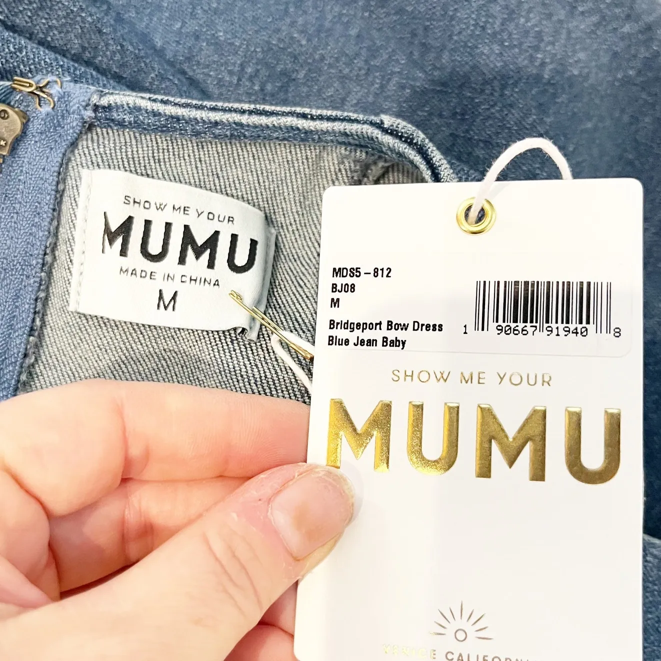 Show Me Your Mumu Bridgeport Bow Denim Mini Dress Blue Jean Baby Medium - Image 3