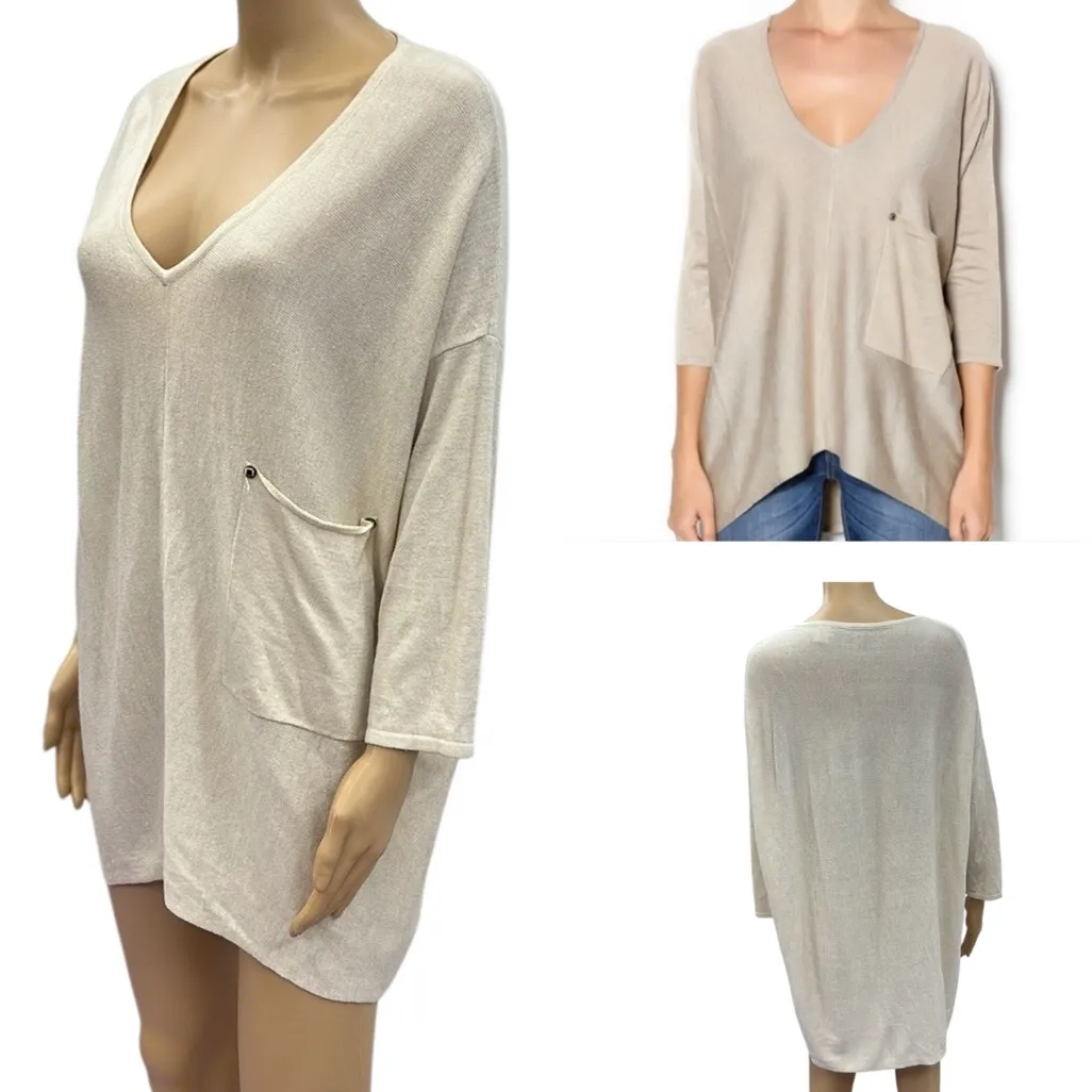 Kerisma Raven Khaki Oversized Lightweight Knit V Neck Tunic Top 3 Quarter Sleeve - Image 2