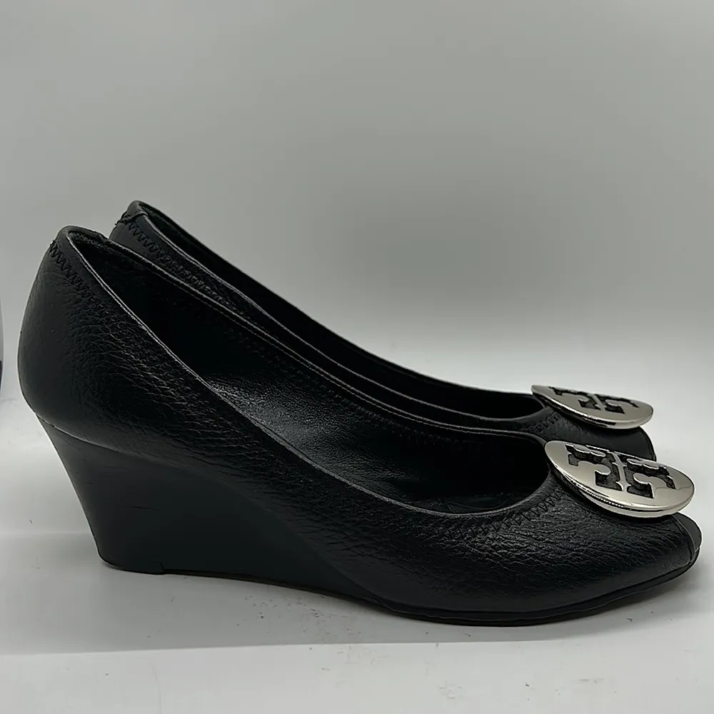 Tory Burch Sexy Black Leather Peep Toe Wedge Heels Shoes **Size 6.5** 🔥🔥 - Image 5