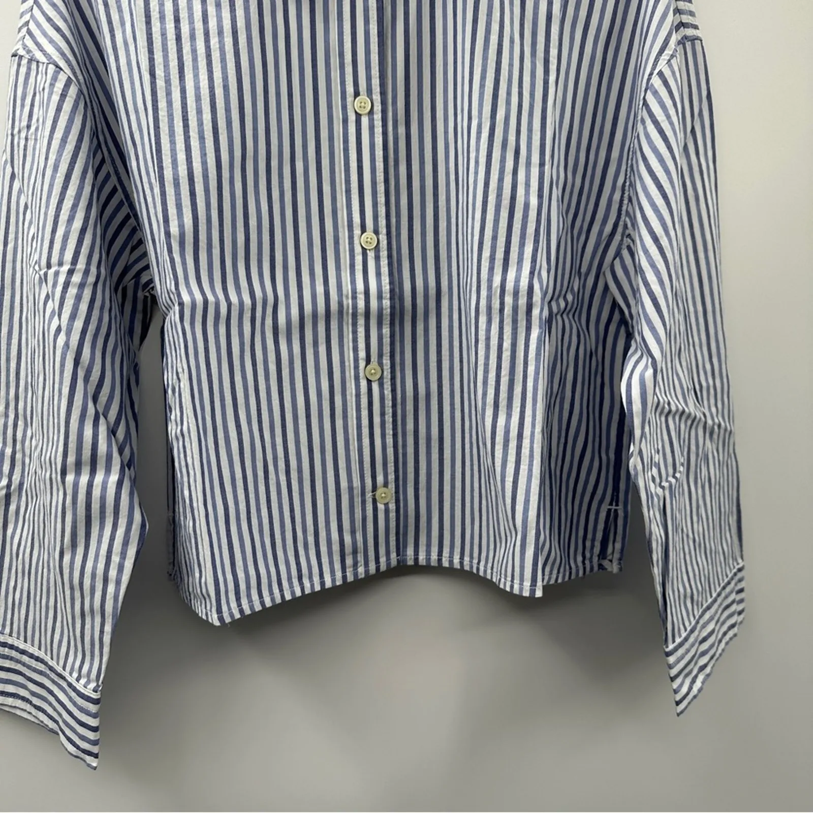 Everlane Cotton PJ Boxy Crop Button Front Blue‎ & White Striped Long Sleeve Top - Image 5