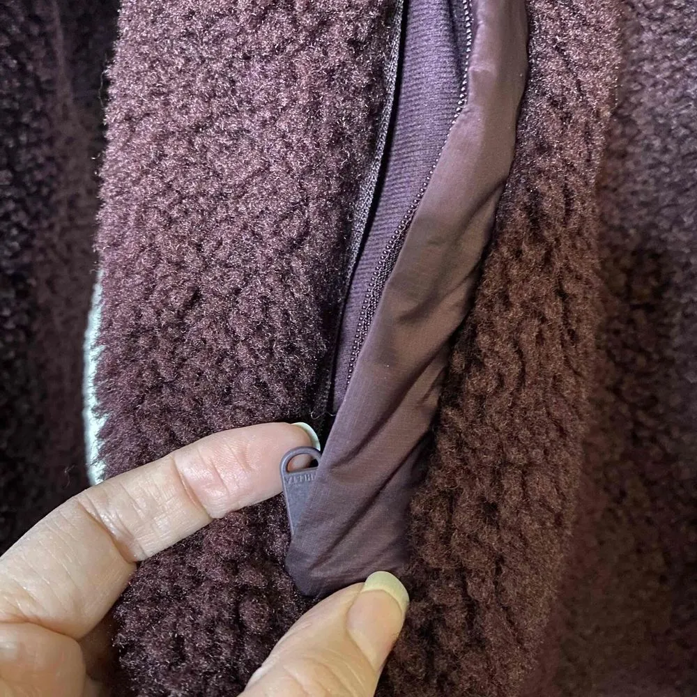 Athleta Women Maroon Snap Button Zip Pockets Sherpa Sweatshirt‎ Jacket Size XS - Image 5