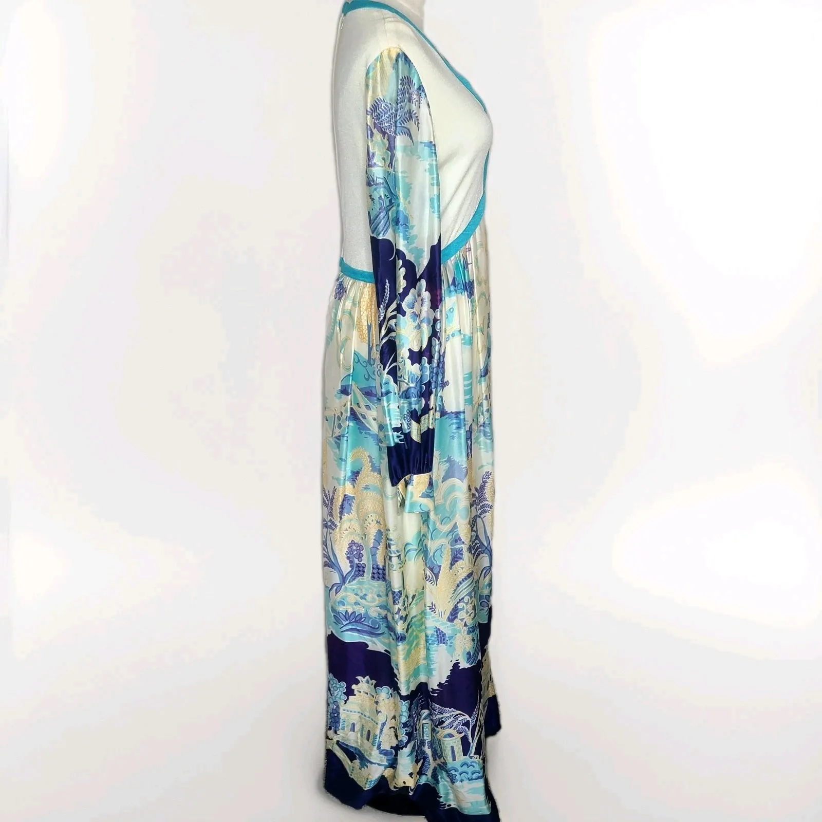 Vtg Future Couture New York Hostess Maxi Dress Asian Garden‎ Scene 60s 70s Blue - Image 6