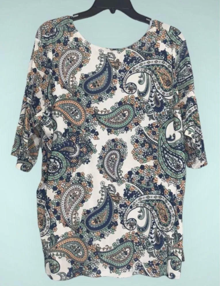 Jessica London Blue Green Multicolor Paisley Faux Wrap Short Sleeve Top 26/28 - Image 3