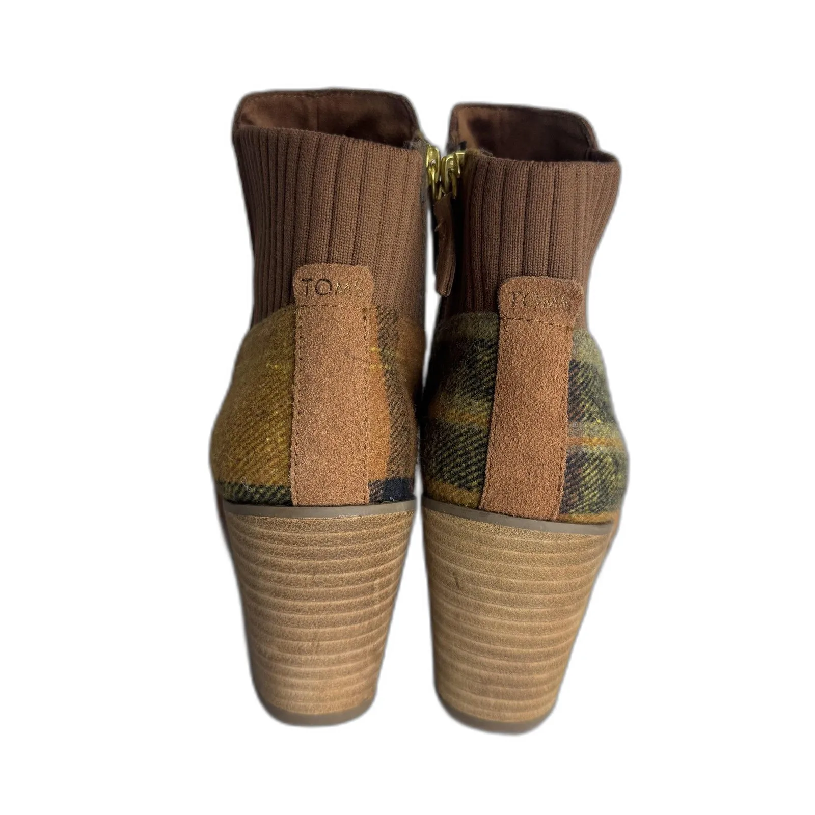 TOMS Boots Womens Size 9 Brown Suede Wedge Ankle Booties Plaid Panel Side Zip - Image 7