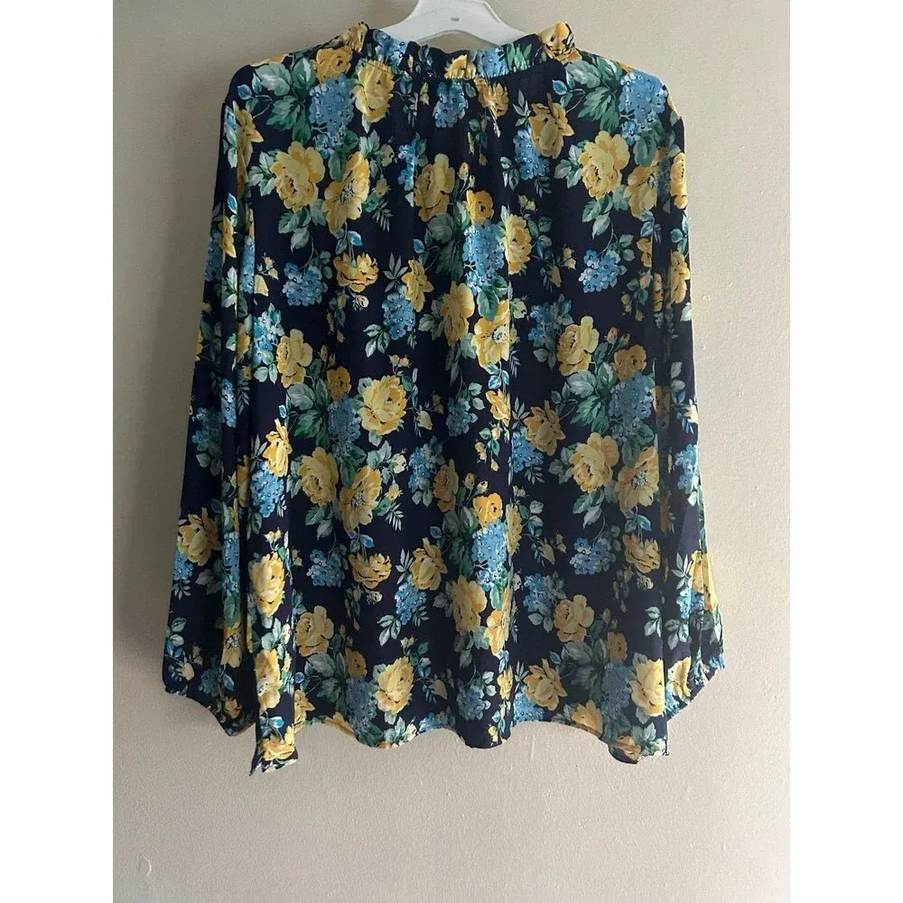 Counterparts Blue Yellow Floral Front Tie Blouse Size 3X - Image 2
