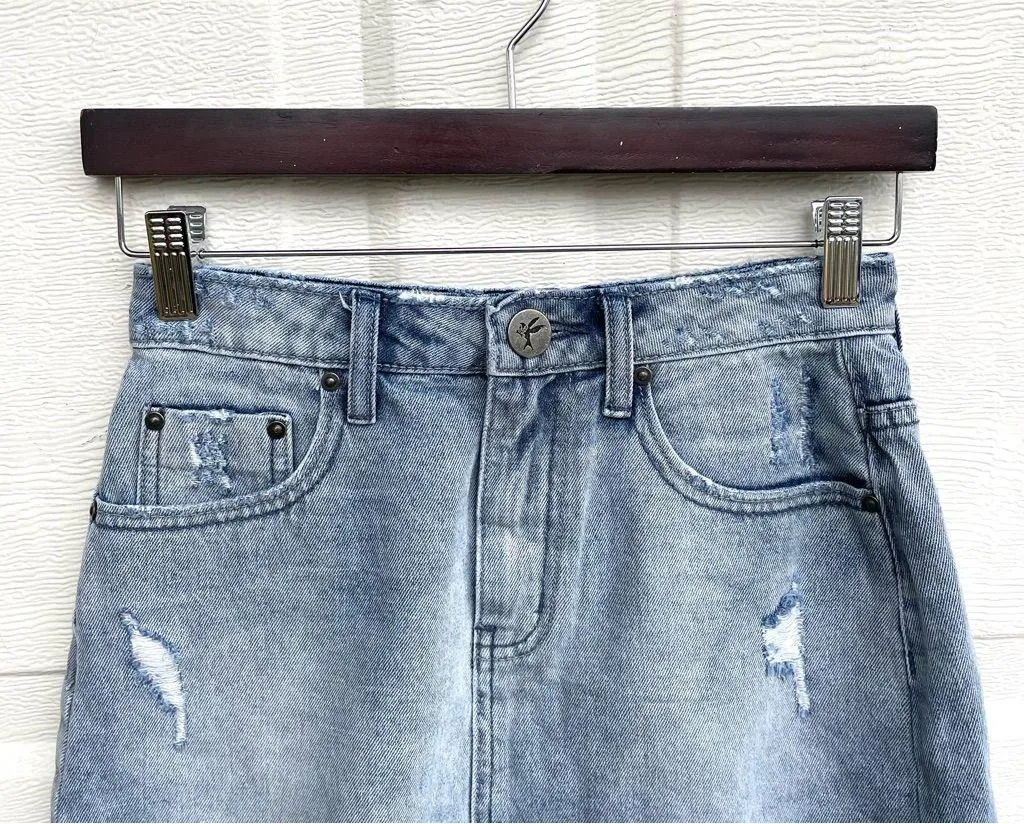 One x OneTeaspoon Womens Mini Skirt Distressed Light Wash Denim 26 - Image 5