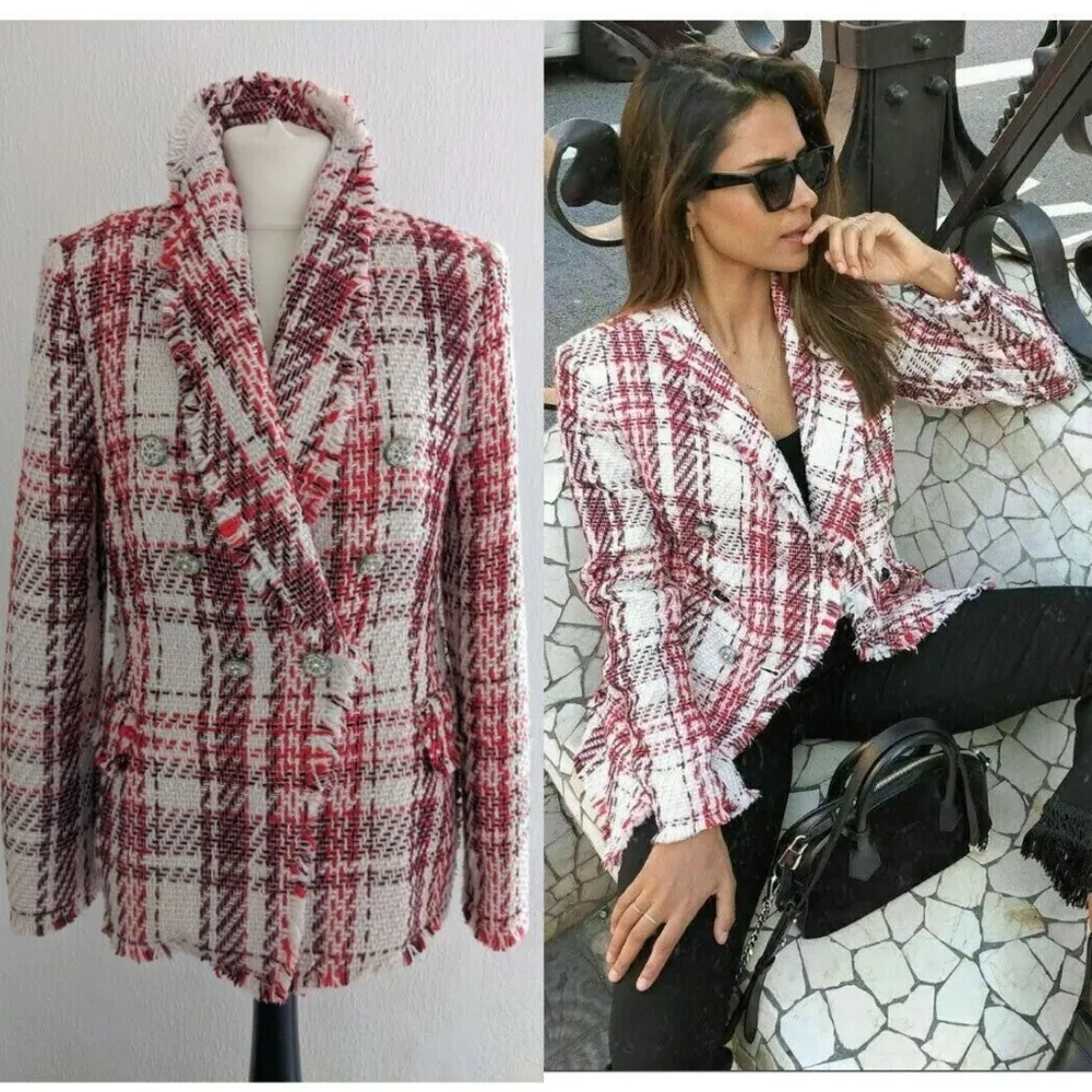 ZARA TWEED WEAVE JACKET BLAZER W/ GEM JEWEL BUTTON RED/WHITE Size M NEW - Image 13