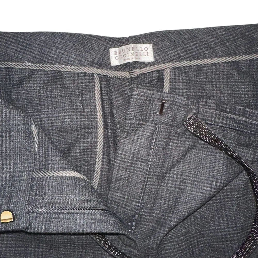 Brunello Cucinelli Wool Embellished Belt Gray Plaid Tapered Flat Front Pants - Image 4
