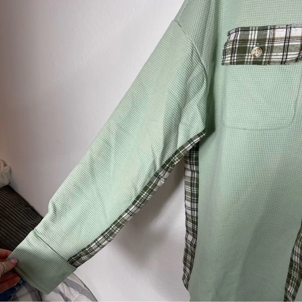 Light Green Plaid Button Down Collared Jacket M Size M - Image 5