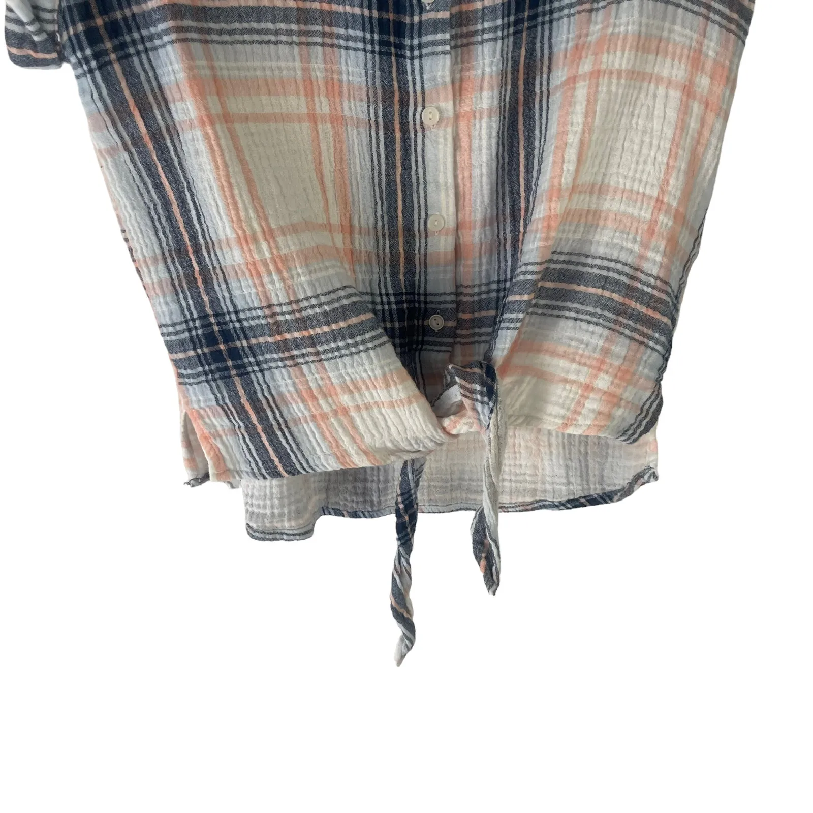 Sanctuary Women's Size Small Blue Pink Plaid Button Up‎ Gauze Short Sleeve Tie - Image 3