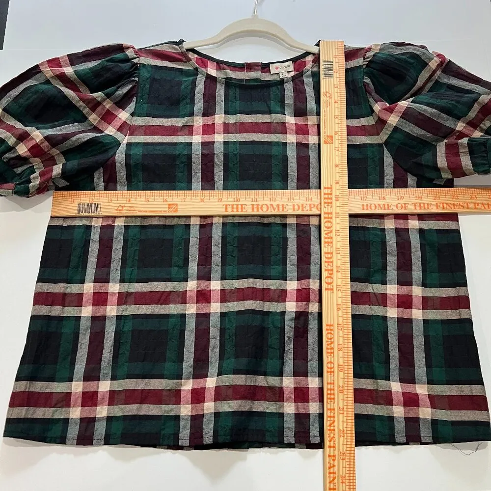 Cremieux Large Plaid Short puff Sleeve Back Button Top - Image 7