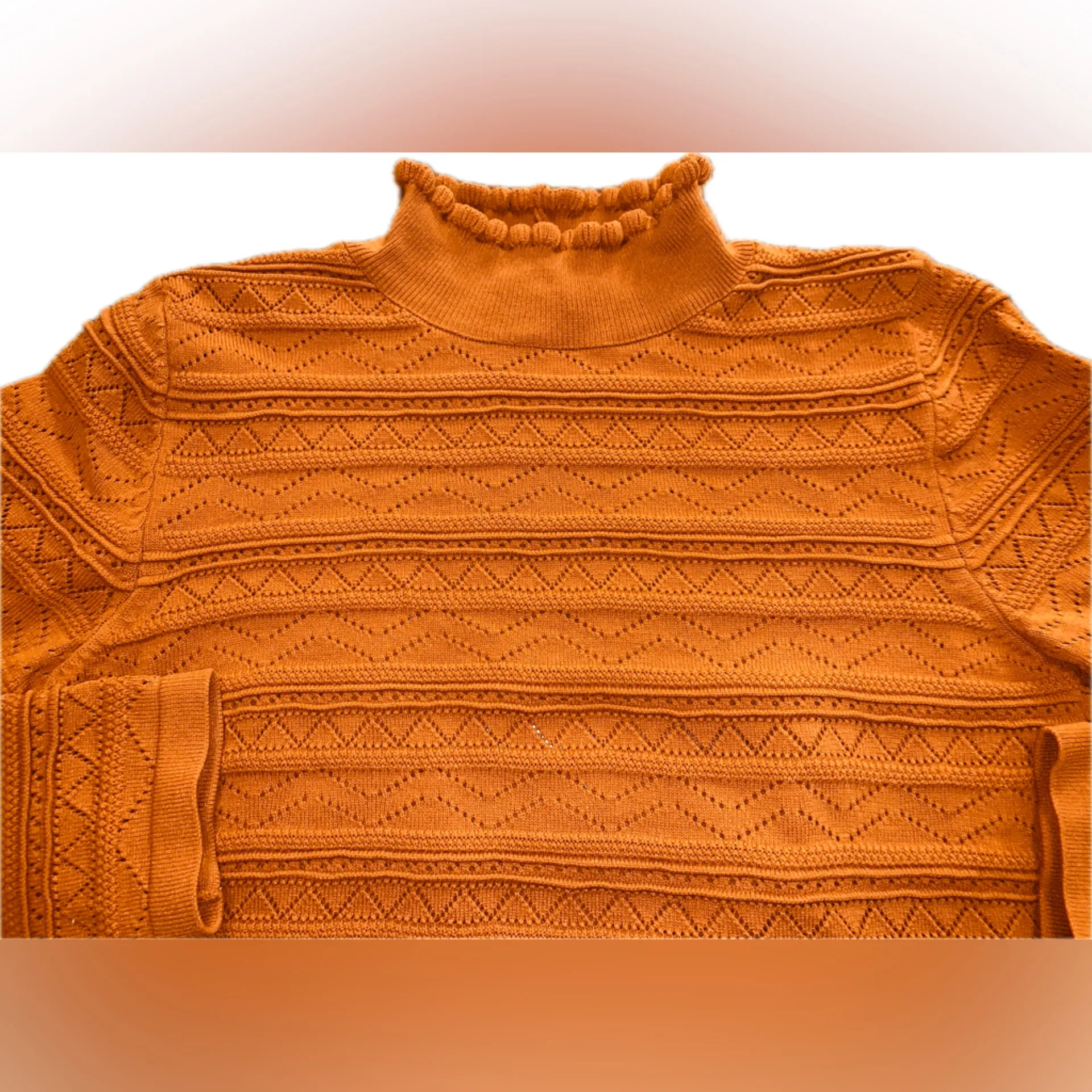 ASOS Rust Orange Boxy Stretch Knit Crochet Lace Like Frilly Turtleneck Texture 6 - Image 5
