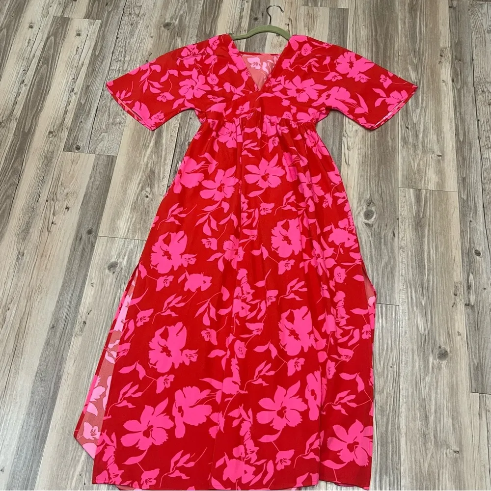 SHEIN Franclia Plus Floral Print Batwing Split Thigh Dress small red pink - Image 5