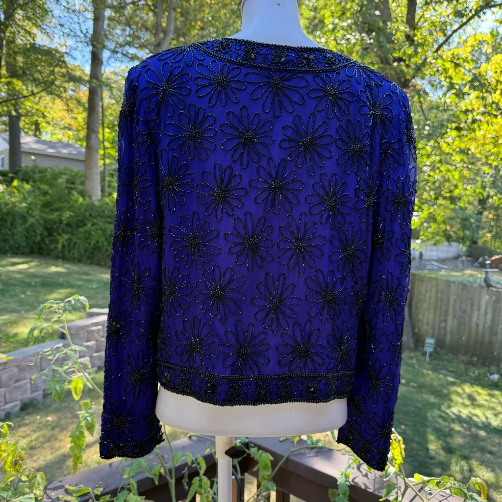 Stenay Jacket Royal Blue Purple ? Silk Black Bead Long Sleeve Lined Size M Size M - Image 4