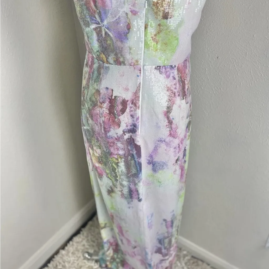 THEIA Sequin Tie Dye‎ Maxi Dress Spaghetti Straps Formal Evening Gown Size 14 White - Image 5