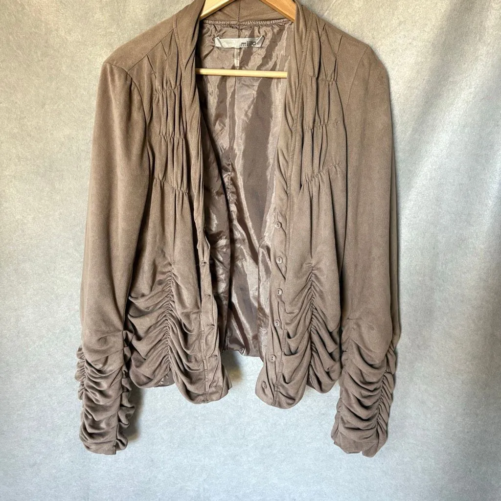 Miilla Faux Suede Women’s Taupe Button Down Jacket size L Ruched Super Soft Tan Size L - Image 3