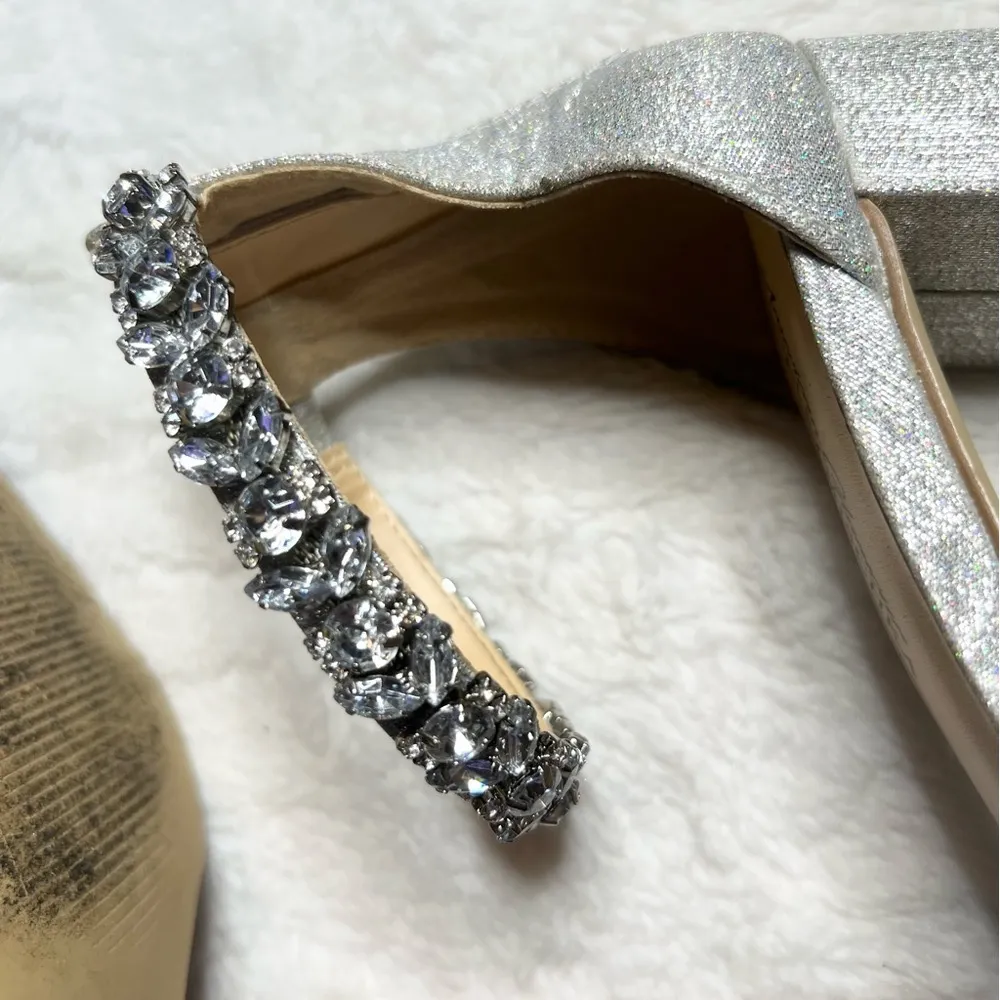 Badgley Mischka Silver Glitter Rhinestone Embellished  Ankle Strap Block Heels - Image 7