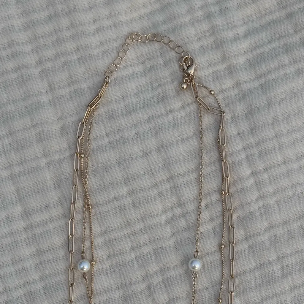 Gold-Tone Multi-Layer Stacked Chain Necklace With Faux Pearls & Heart Charms - Image 3