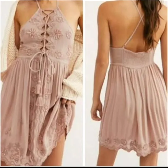 Free People Intimately Fairy Slip Dress Embroidered Pink Dress Women’s XS boho - Image 2