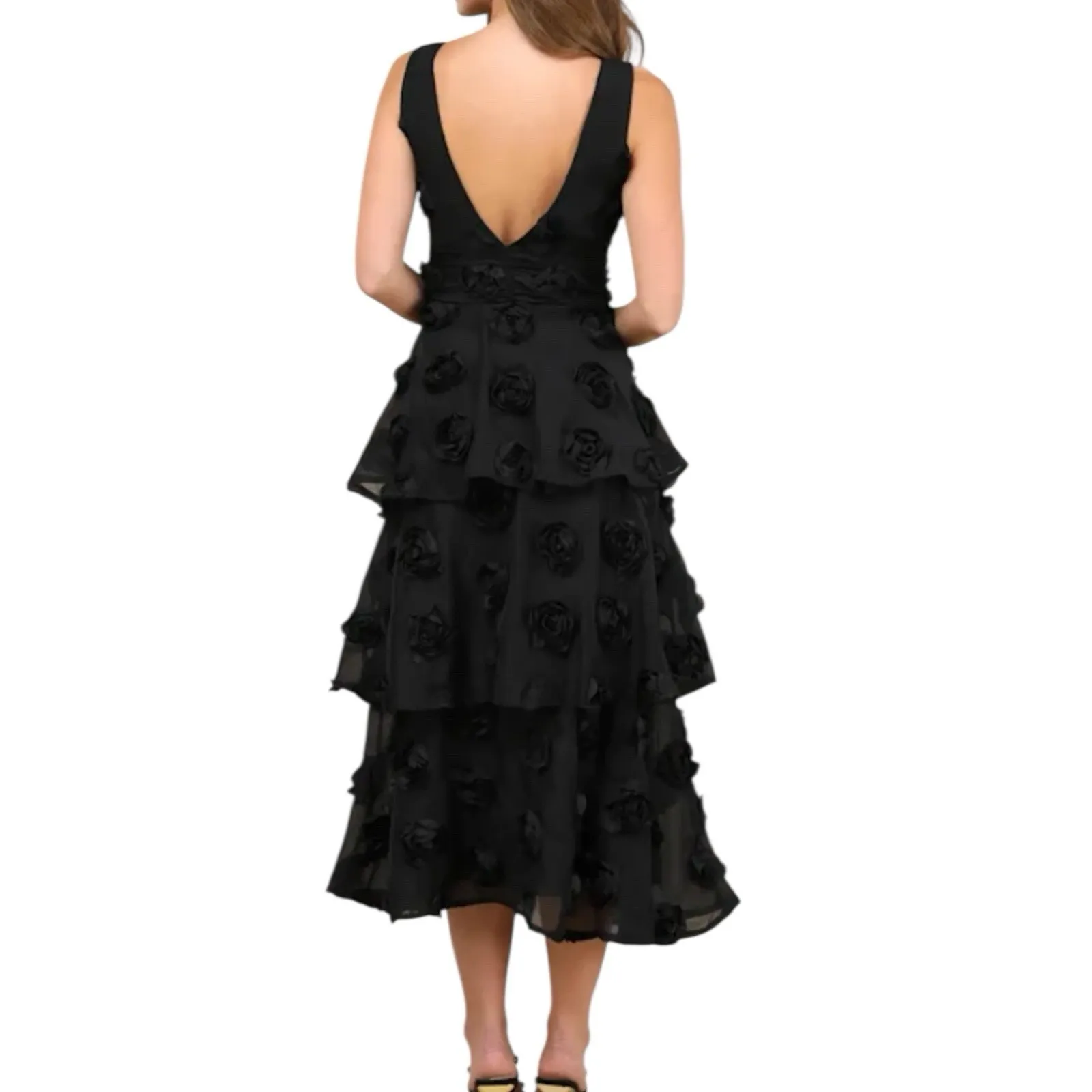 NWOT Lulus Exceptional Entrance Black Sleeveless Tiered Rosette Midi Dress Small - Image 3